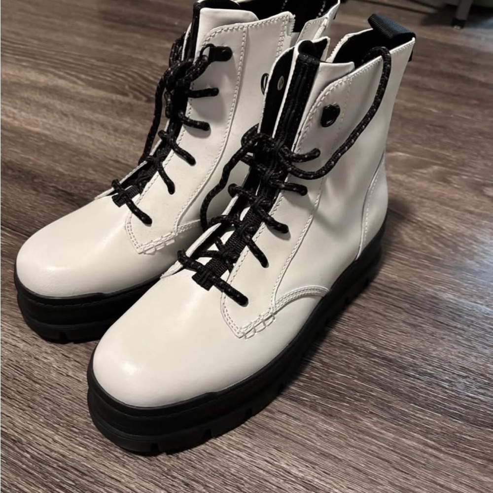 UGG White and Black Combat Moto Boots